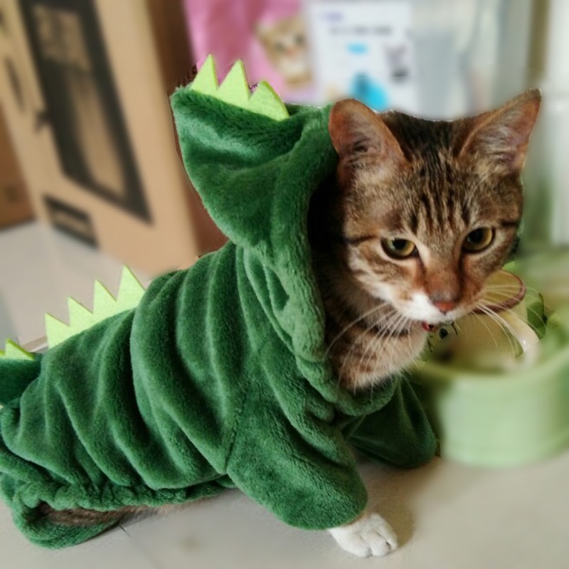 Morsom dinosaur kjæledyr katt kostyme halloween katt klær til små katter vinter varm fleece kattunge hettegensere frakk jakke hundeklær