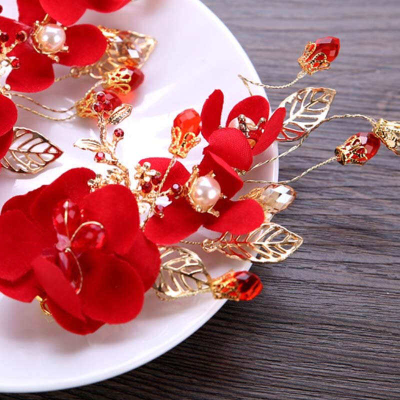 1pc Classic Chinese Red Flower Bride Hair Pins Hair Jewelry Women Girl Hairpin Tiara Barrette Bridal Wedding Hair Accessories LB