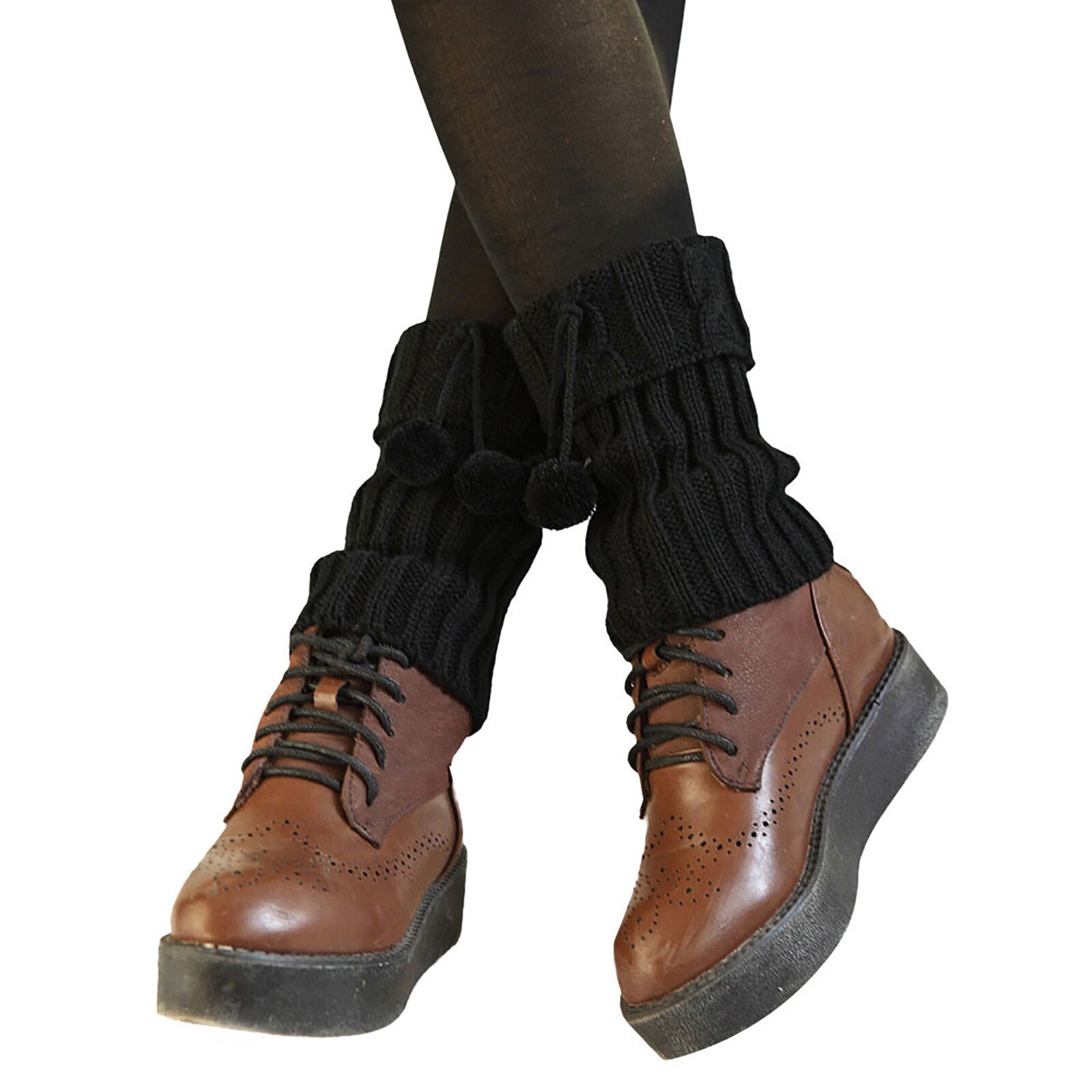 Calentador de piernas para mujer, 1 par, cálido, hasta la rodilla, punto giratorio, Bola de Pelo, ganchillo, calcetines, calentadores de bota: Black