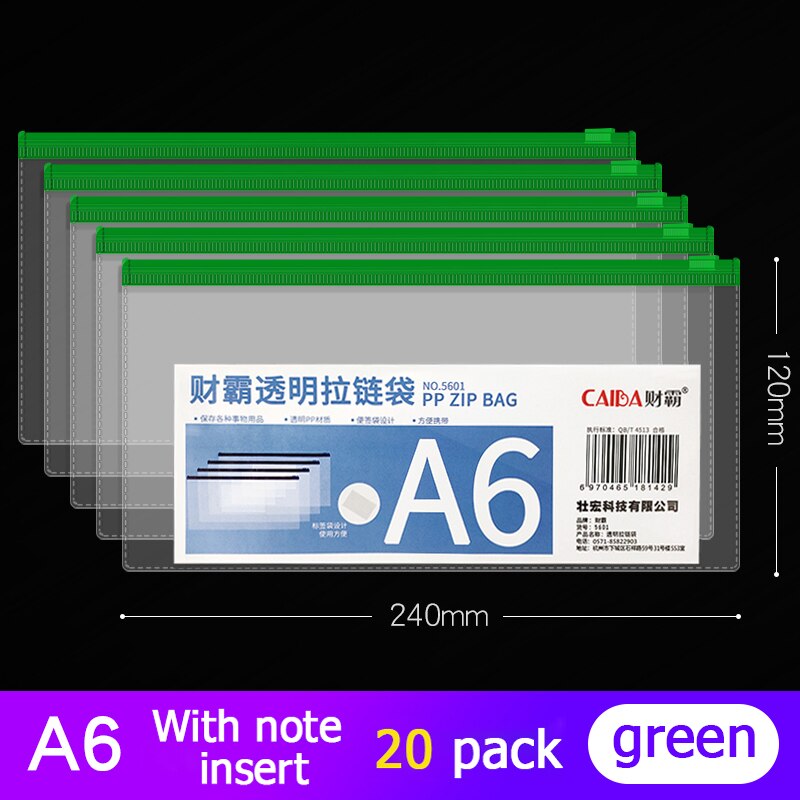 20Pcs Bestand Houder Transparant Plastic Informatie Tas A5 Rits Grote Capaciteit Boek Tas A4 Briefpapier Student Office Bestand Zak: A6 green