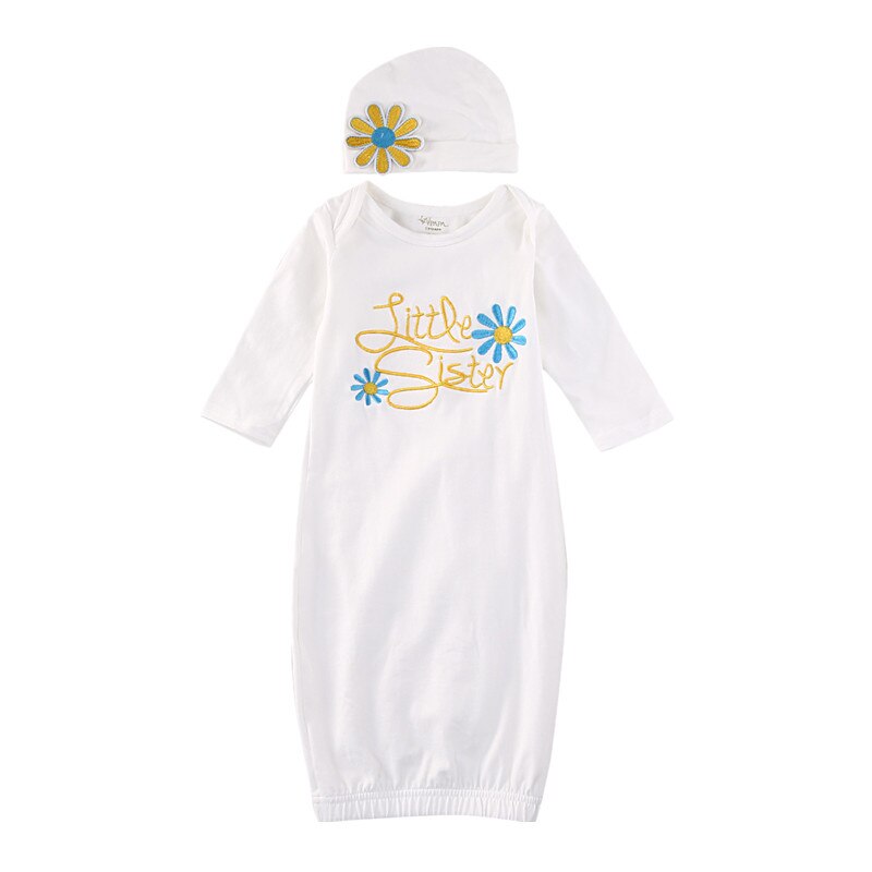 Long Sleeve Little Sister Newborn Toddler Baby Girl Flower Embroidery outfit Baby Gown Hat 2PCS Set