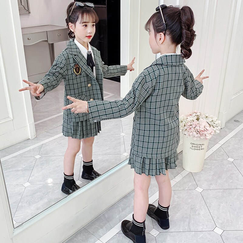 kids clothes Suit Girls Clothes Spring Green Plaid Jacket Pleated Skirt Teen Girl Clothing Set 10 12 School Tracksuit Outfits
