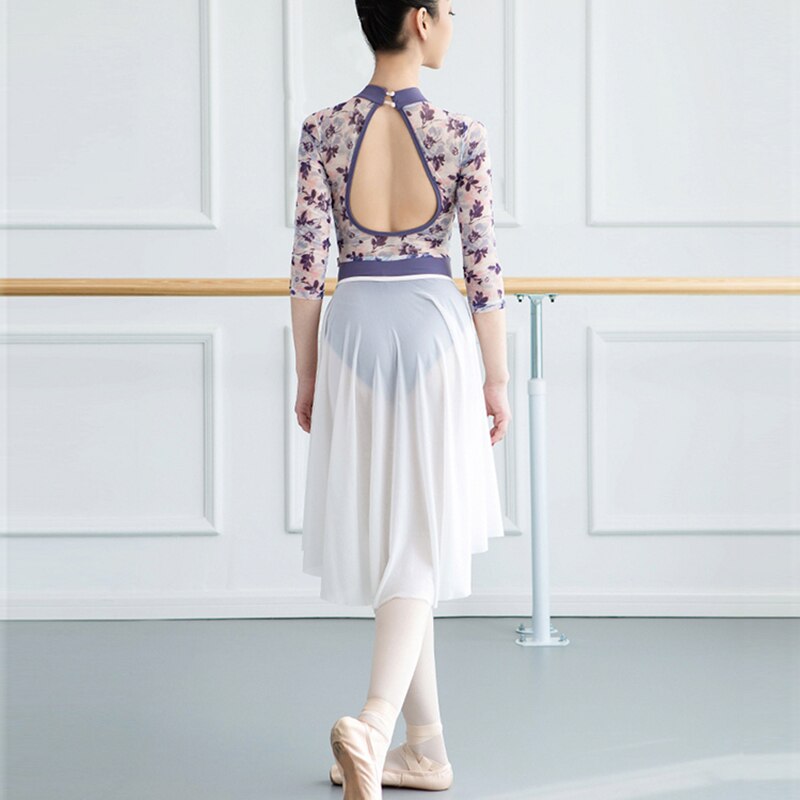 Ballet Leotard Adult Gymnastic Leotard Ballerina Floral Ballet Leotards for Women Long Sleeve Ballet Dress Mesh Dance Skirt