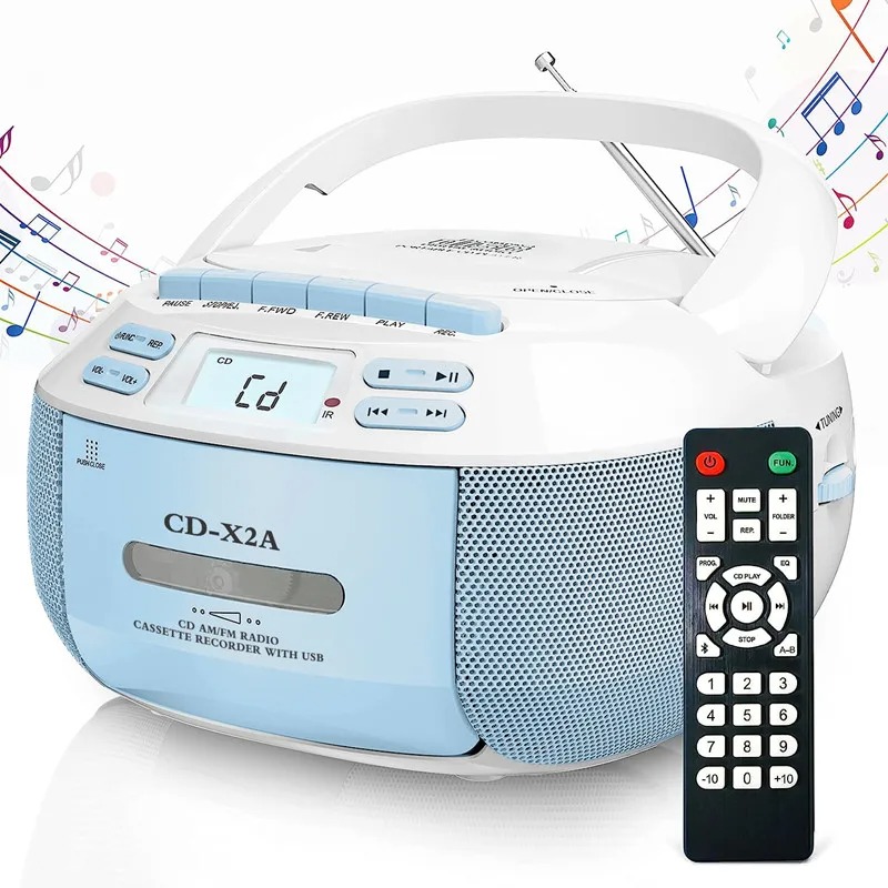 Boombox CD Player Portable Cassette AM FM Radio Bluetooth Speakers AUX USB MP3 Plays with Remote Control Support AC/DC Powered: PURPLE
