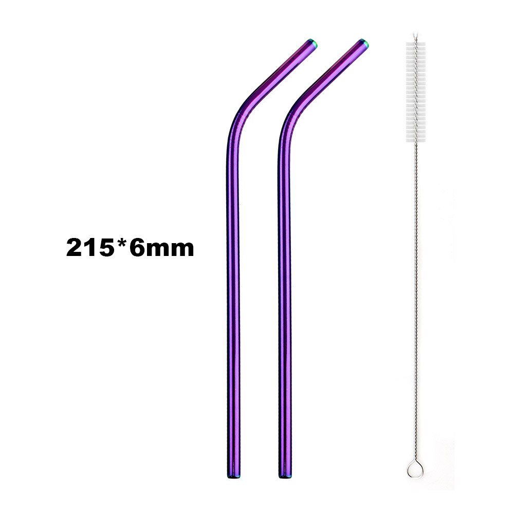 Pajilla de Metal reutilizable para beber, pajilla de Metal de acero inoxidable, paja colorida de arco iris de 16/19/21/23/26cm, diámetro de 6/8/12mm con 1 cepillo, 2 uds.: 215x6 Bent