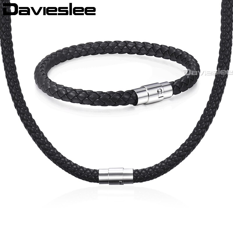 Davieslee Men Women&#39;s Leather Jewelry Set Black Brown Braided Rope Leather Bracelet Necklace Set Jewelry 4 6 8mm DUSM04