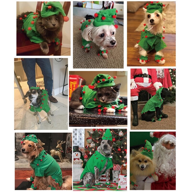 Lovely Small Pet Dogs Pajamas Clothes Pleuche Xmas Tree Green+Red S/M/L Funny Pet Elf Cosplay Dress