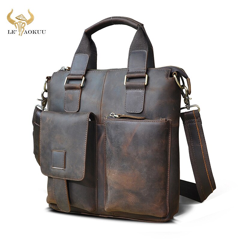 Men Original Leather Retro Business Briefcase Casual 12&quot; Laptop Travel Bag Tote Attache Messenger Bag Portfolio B259: dark brown 2