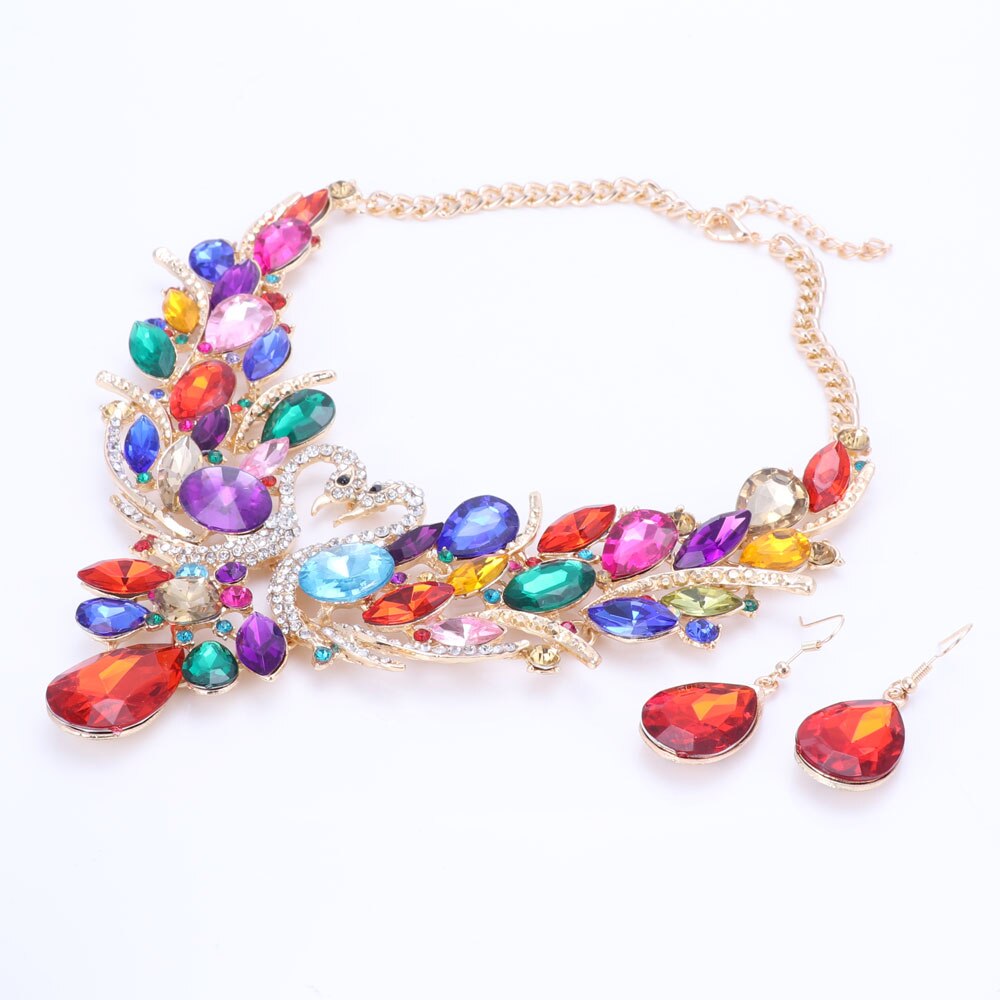 Crystal Bridal Jewelry Sets Gold/Silver Plated Swan Pendant Necklace Women Party Wedding Prom Necklace Earring Accessories: Gold