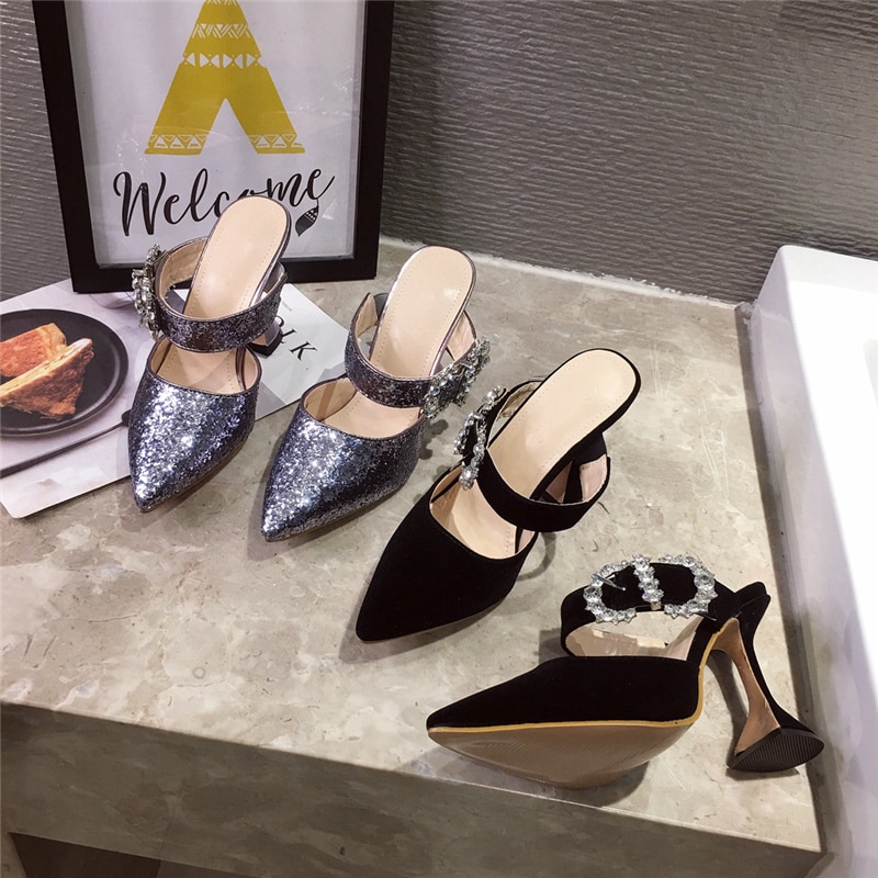Zomer dames bling kristallen slippers muiltjes hoge hakken slippers suède gesloten teen hoge hakken slippers glinsterende nette schoenen