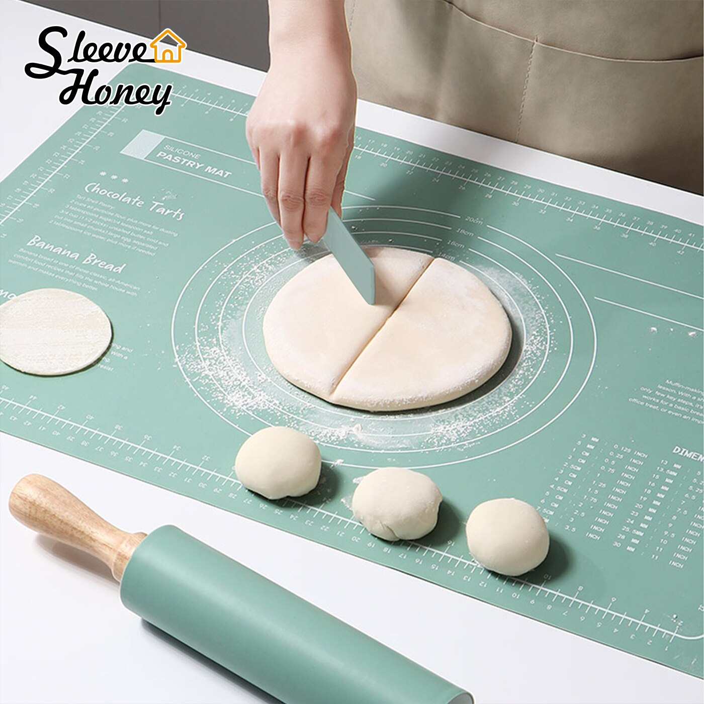 Silicone Kneading Pad Set 3 Pieces Pastry Mat with Measurement Rolling Pin Cutter Counter Broad Cake Baking Dough Cookies Mat