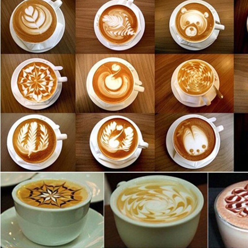 16 stuks koffiesjablonen, filter, koffiezetapparaat, cappuccino, koffie, barista-mal, sjablonen, bloemenstempel, spuitbus, bakgereedschap