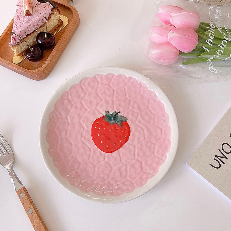 Kawaii fresa de placa de cerámica Rosa lindo pastel para el desayuno de la fruta postre Plato decorativo cocina vajilla