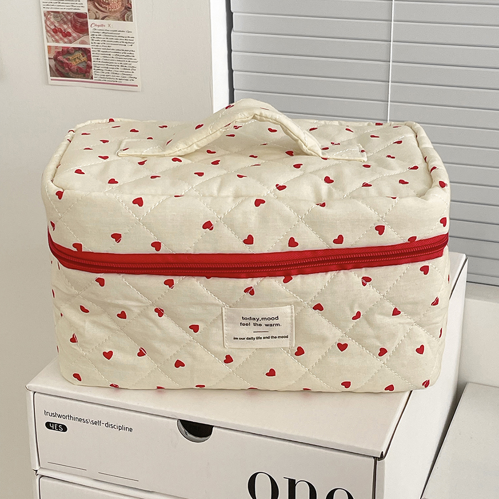 Ins Heart Women Quilting Makeup Bag Large Capacity Toiletry Cosmetic Storage Pouch Handbag Ladies Zipper Makeup Bag: black