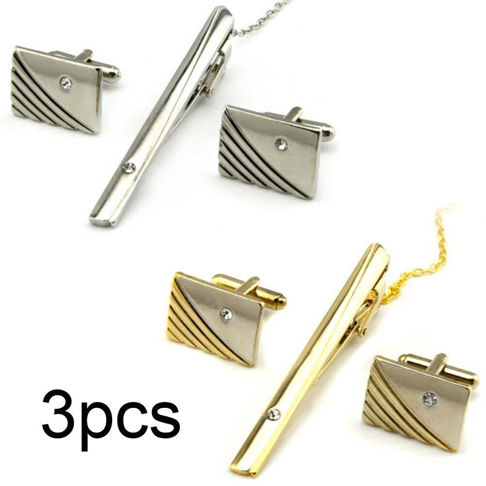 3 Pcs Party Daily Clothes Accessories Wedding Cuff Link Set With Rhinestone Metal Business Plated Tie Clip Curve Stripes