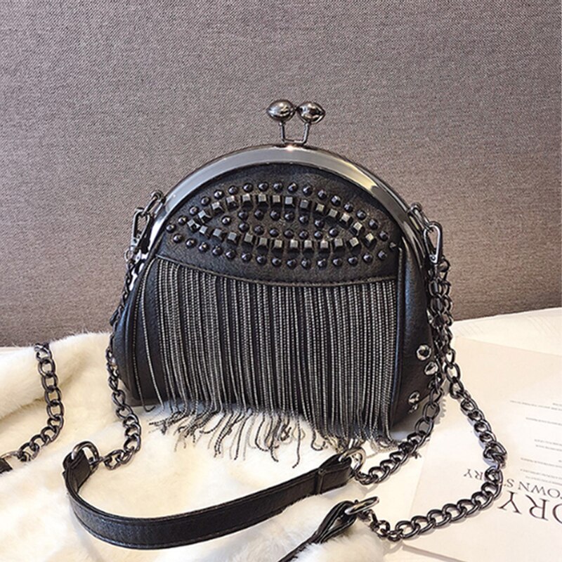 Buylor Black Chains Shoulder Bags for Women Luxury Small Rivet Tassel Cross Body Bag