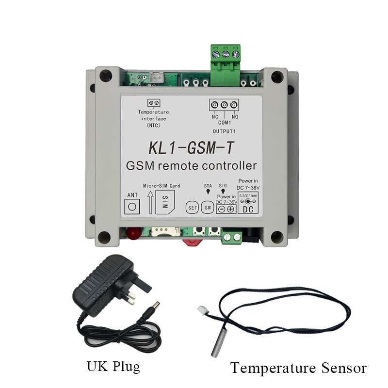 GSM SMS Remote Controller ON/OFF Relay Switch Access Controller KL1-GSM With NTC Temperature Sensor: KL1-GSM-T UK Plug