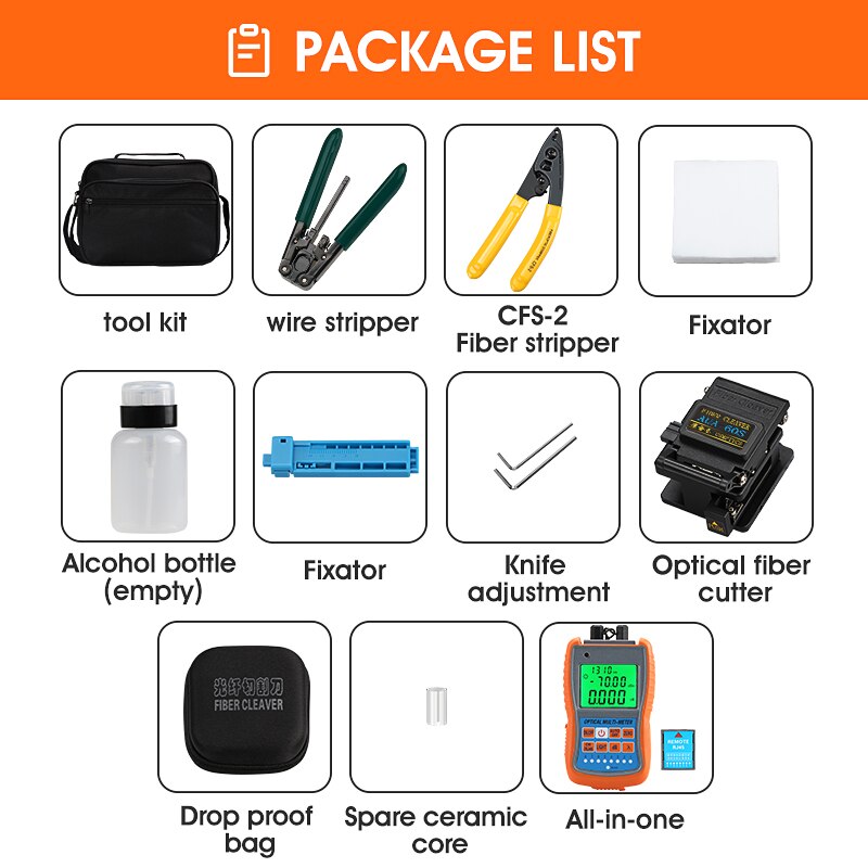 14pcs/set FTTH Fiber Optic Tool Kit with Fiber Cleaver -70~+10dBm Optical Power Meter Visual Fault Locator 5km E