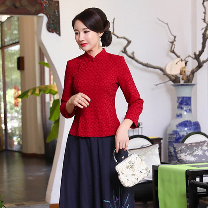 Chinese Style Long Sleeve Cotton Blouse Navy Blue Chinese Shirts Retro Qiapo Tops Female Classic Chinese Clothes