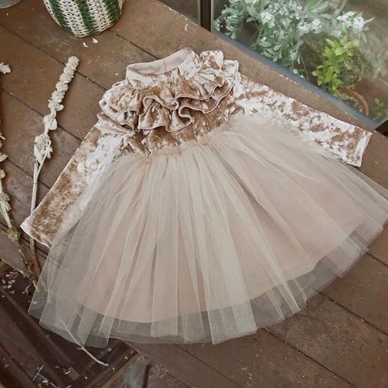 Prinsessa barn bebis flickor klänning sammet fleece festklänning volang tyll tutu klänning 1-6t