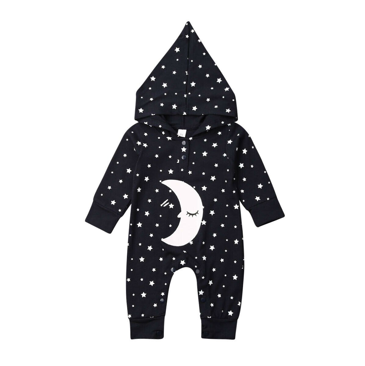 Autumn winter infant baby romper long sleeve warm stars moon print hoodie jumpsuit newborn baby clothes: Navy Blue / 12M