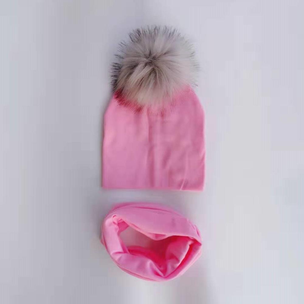 Kinderen Pom Pom Hoed Herfst Winter Baby Hoed Meisjes Jongens Cap Kids Beanie Bonnet Kraag Sjaal Set Baby Cap fotografie Props: 1 pink