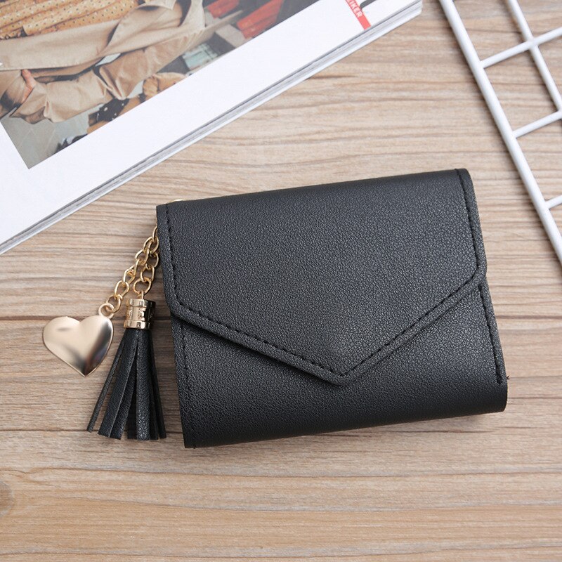 Women Wallet Cute Student Tassel Heart Pendant Short Wallet Small PU Wallet Coin Purse Ladies Card Bag For Women: black