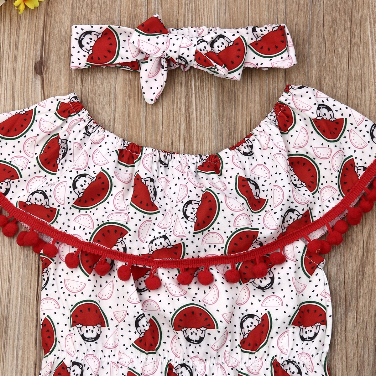 Bebis sommarkläder småbarn bebis flicka vattenmelon bodysuits kläder tofs jumpsuits pannband 2 st outfit soldräkt 0-3t