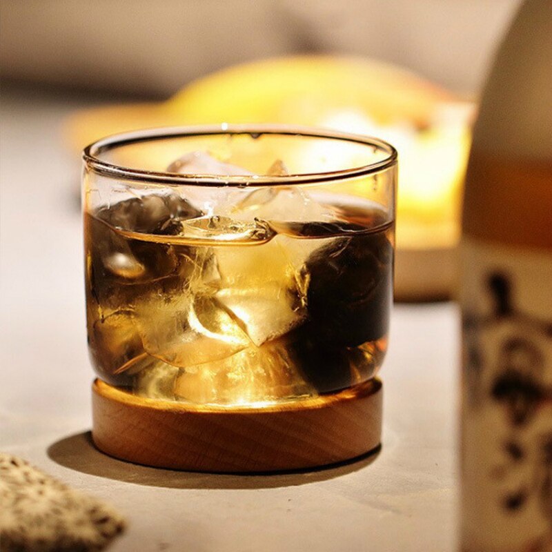 Japanese Style Volcano Hill Crystal Whisky Cup With Wooden Stock Bar Household Wine Glass Liquor Collins Glasses