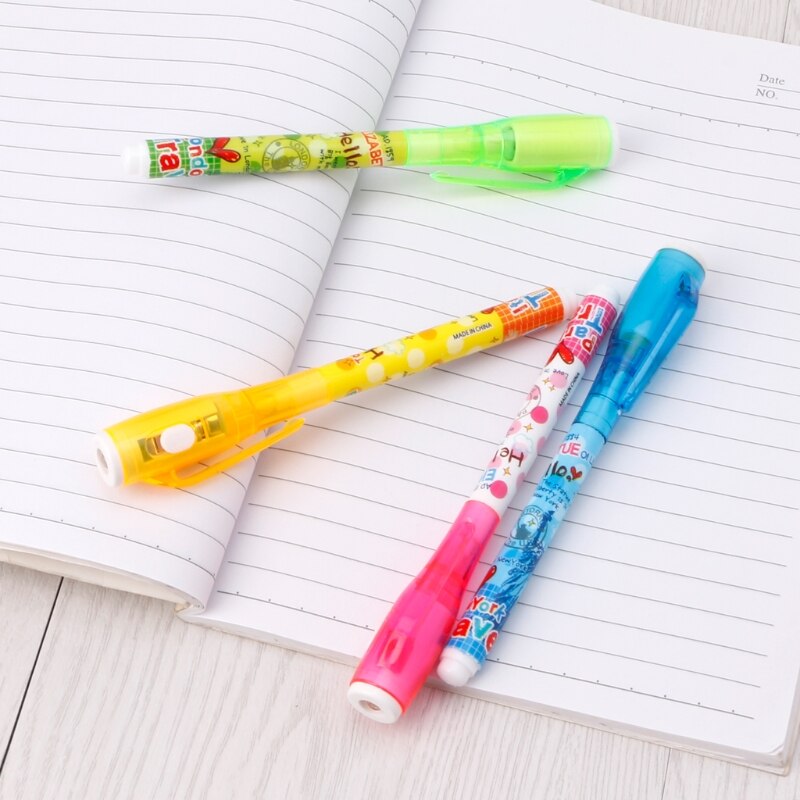 Bolígrafo de tinta Invisible con luz, marcador mágico bolígrafo para niños para mensaje secreto, suministros de papelería escolares creativos, 4 Uds.