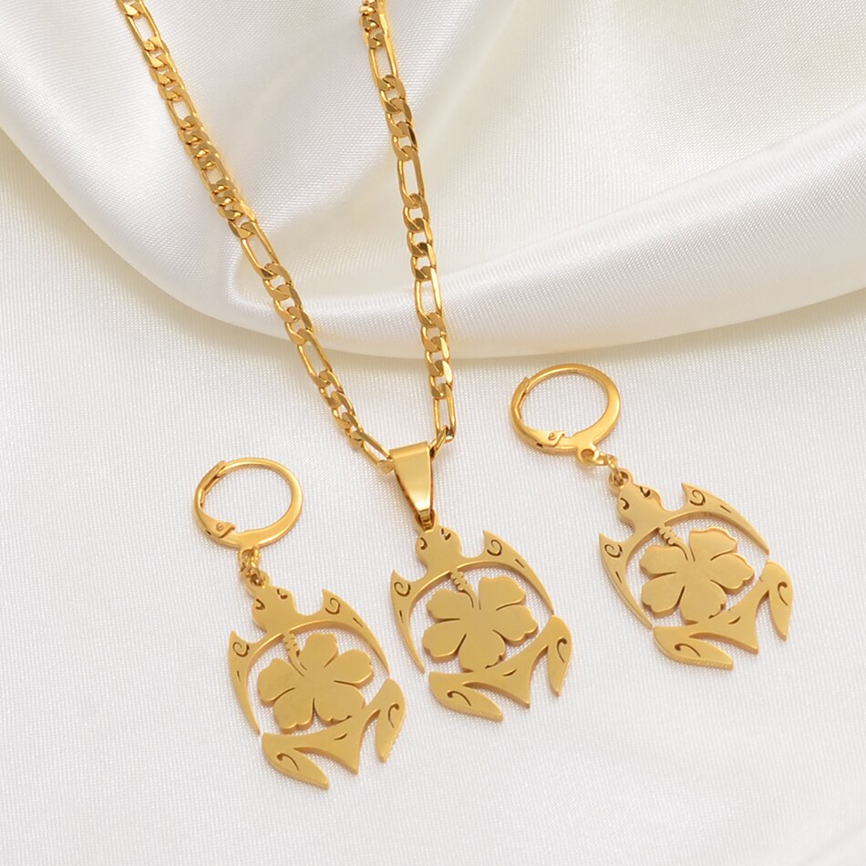 Anniyo Schildpad Sieraden Set Hawaiiaanse Bloemen Goud Kleur Schildpad Ketting Oorbellen Micronesië Hawaii Voor Vrouwen Meisjes #121221