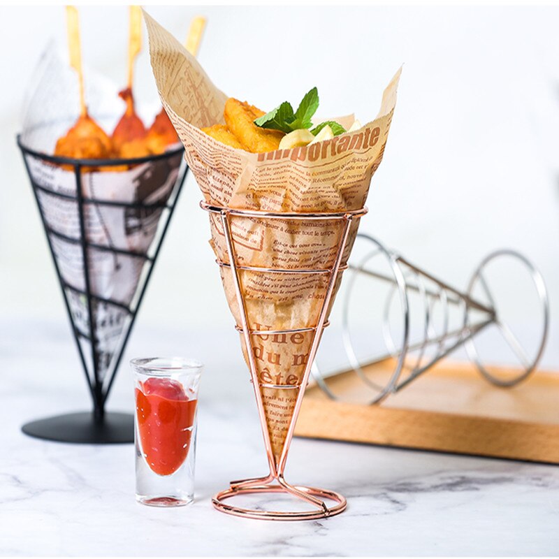 Pommes frites stå i rostfritt stål snacks display pizza kon hållare pommes frites korgar sås sallad doppkopp köksredskap