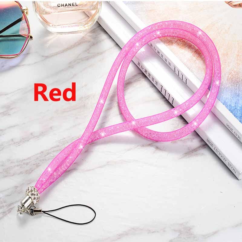 Long Rhinestone fishing net lanyard flash drill mobile phone hanging neck rope crystal diamond fishing net lanyard hanging: Red