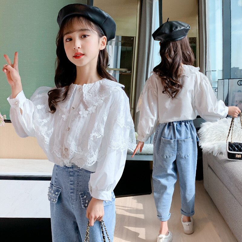 Camisa de encaje bordado para niña adolescente, Blusa de manga larga abombada de algodón con volantes para niña, blusas informales blancas para niño