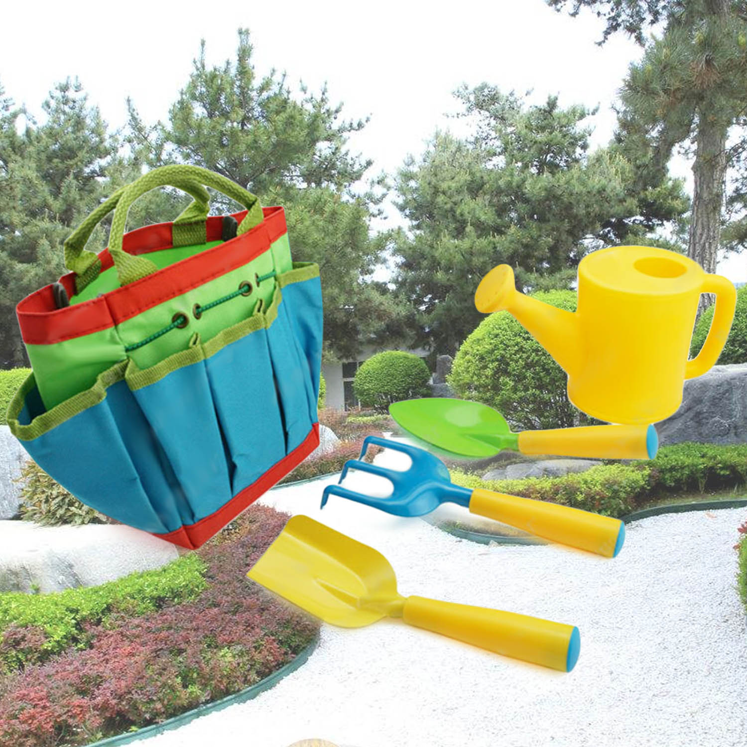 5pcs Kids Children Gardening Tools Set Including Watering Can Shovel Rake Trowel Garden Tote Bag for Outdoor Supplies