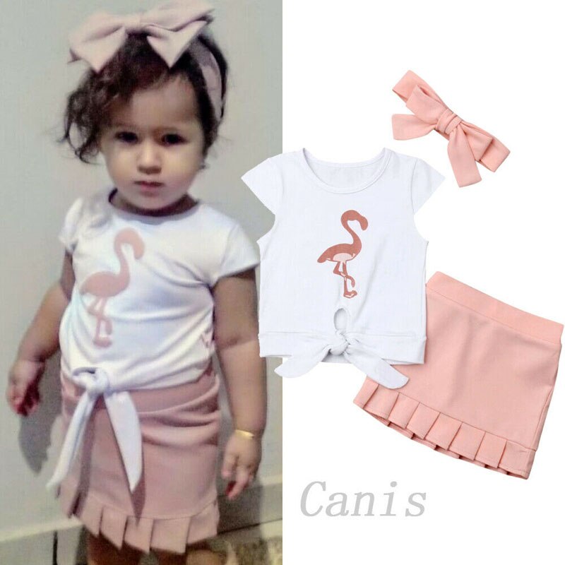 Nuovo Bambino Del Bambino Dei Bambini Del Bambino Delle Ragazze Flamingo Annodato T-Shirt Pannello Esterno Del Vestito 3 PCS Vestito Prendisole 2019 di Modo