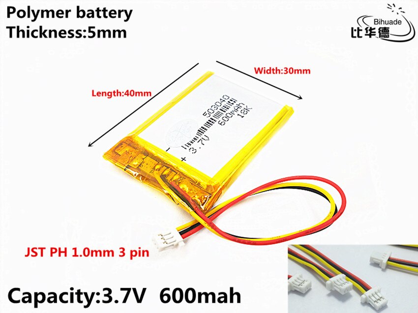 JST – batterie lithium-ion, 3 broches, PH 1.0mm, 3.7V,600mAH, 503040 polymère, pour tablette, pc, GPS,mp3,mp4