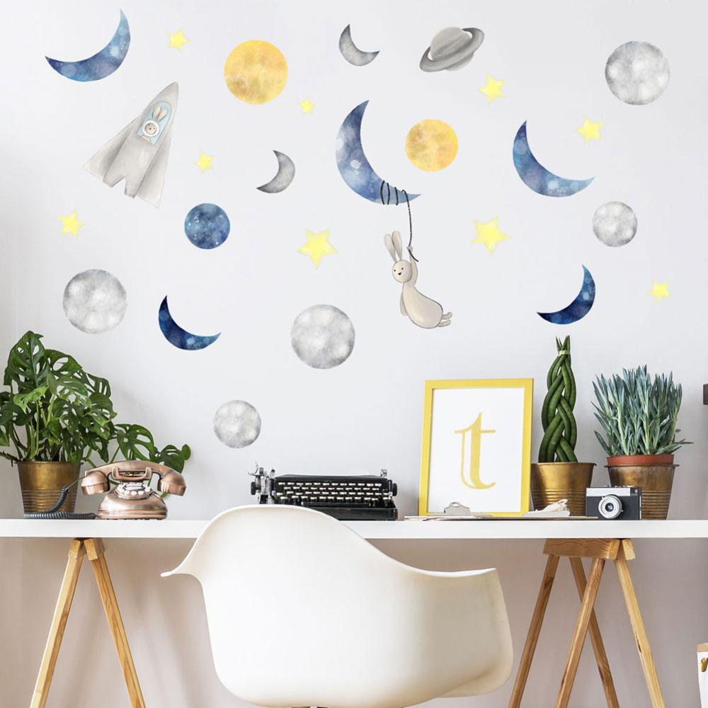 Tegneserie måne kanin stjernehimmel wallsticker soveværelse børn babyværelser dekoration vægmaleri børnehave tapet boligindretning klistermærker