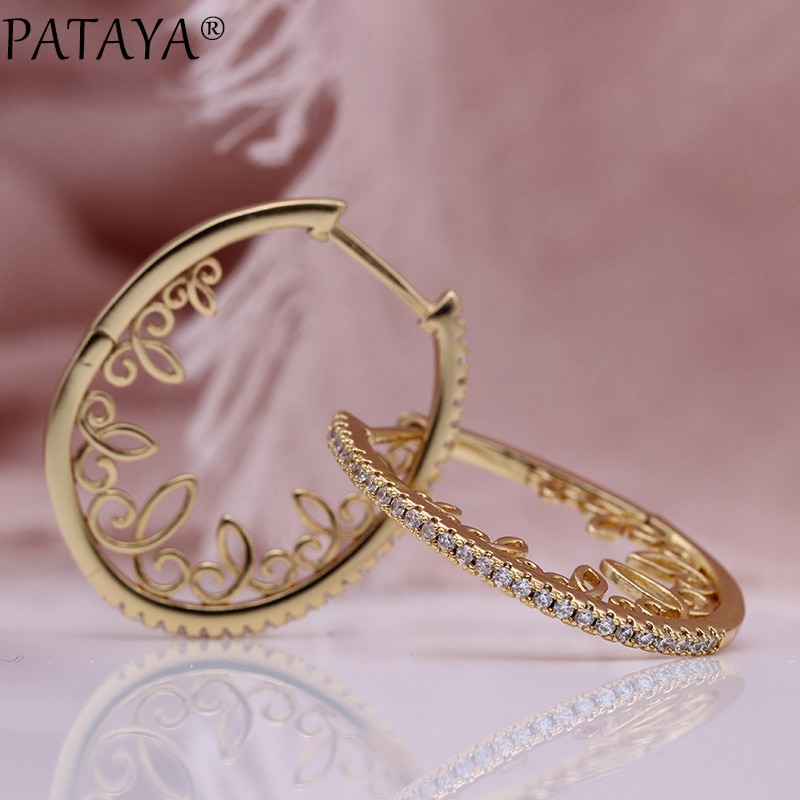 PATAYA Neue Hohle Spitze Kreis Tropfen Ohrringe Frauen Partei Feine Schmuck 585 Rose Gold Weiß Natürliche Zirkon Hochzeit Ohrringe