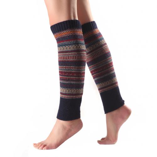 Women Striped Knitted Leg Warmers Winter Footless Knee High Boot Socks: Navy Blue