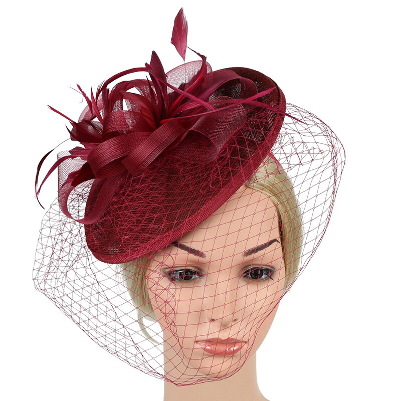 Women Bridal Hats and Fascinators Black/Gold/Yellow Net Birdcage Bride Wedding Hats Face Veils Wedding Accessories: Wine Red