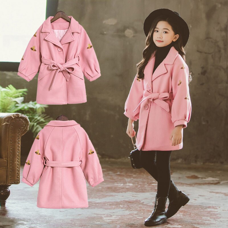 Girls Wool Long Coats with a Belt Teen Winter Coat Belted Quilted Bee Pattern Clothing For Kids Trench Coat Belt Buckles