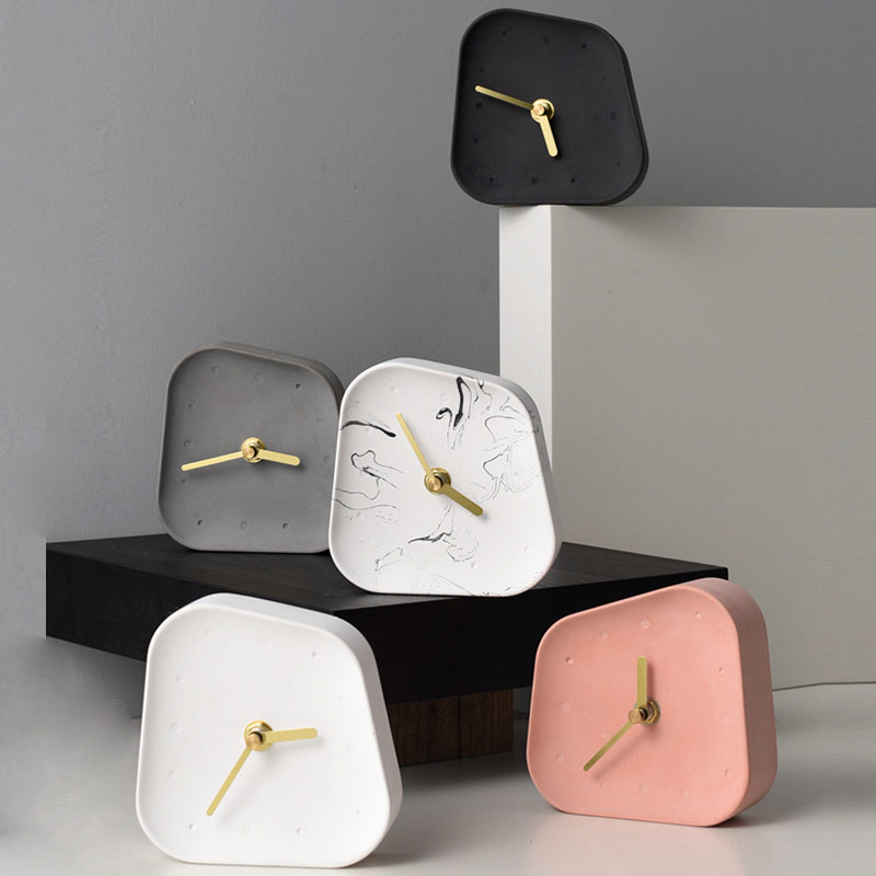 Horloge de Table béton muet | Accessoires de décoration de maison, ciment en forme de géométrie, décoration de bureau, petite horloge de bureau