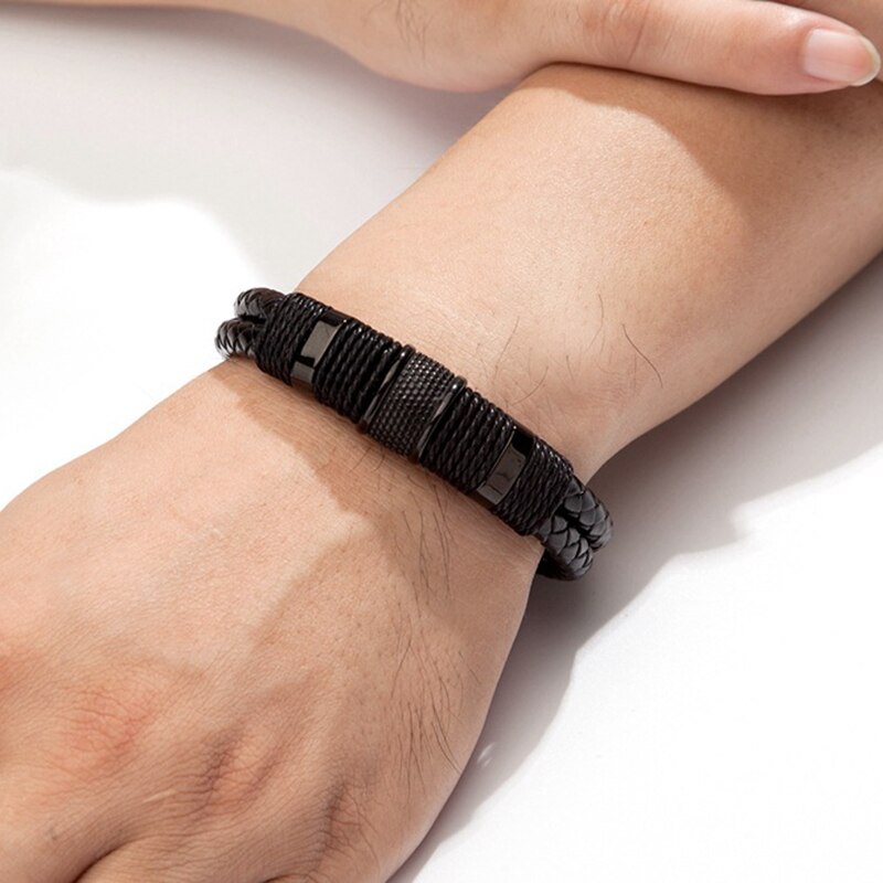Braccialetti avvolgenti in corda di cuoio intrecciata Vintage ▾ per uomo Braccialetti classici in acciaio inossidabile Braccialetti Braccialetti punk Gioielli Regali maschili
