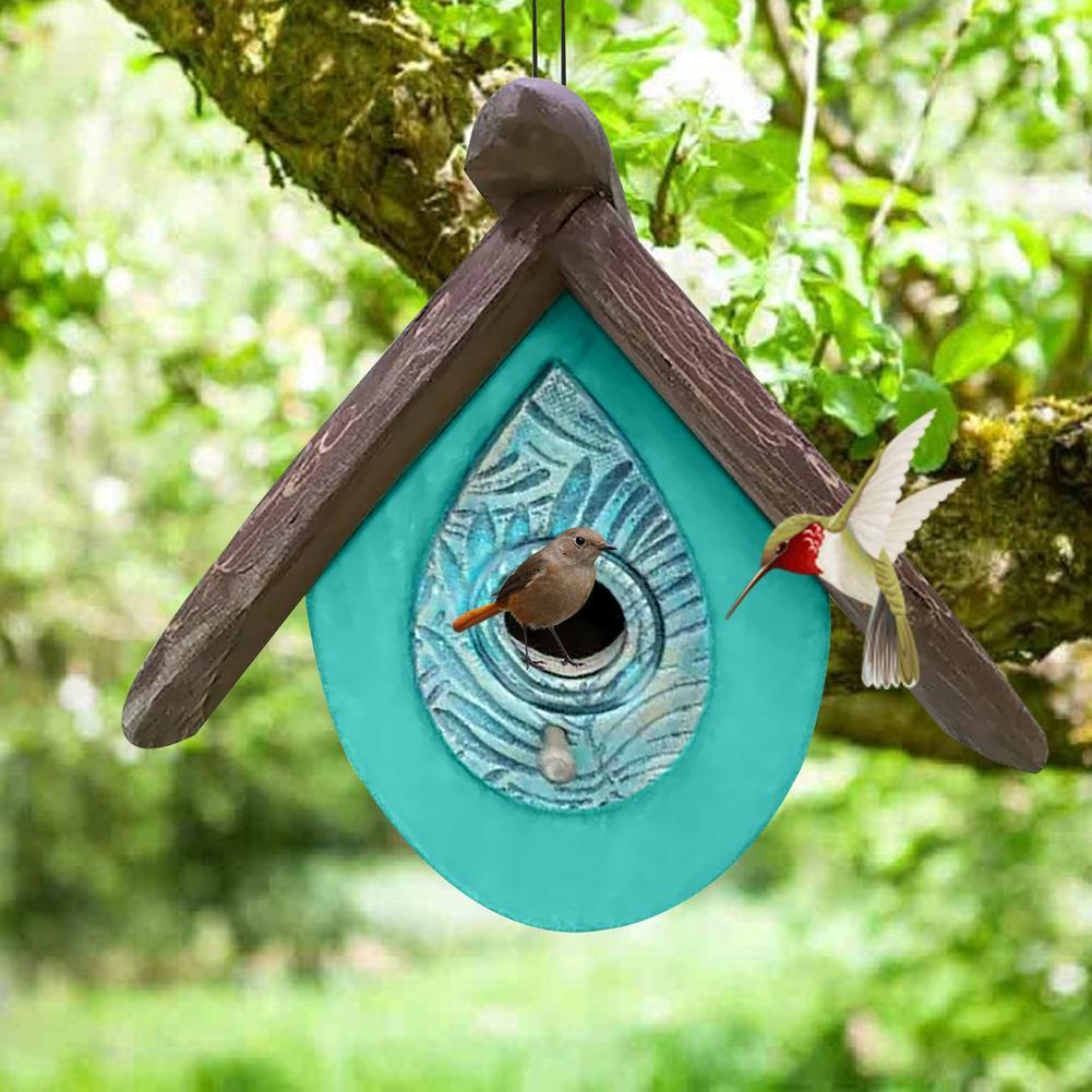 Hand Carved Wood Birdhouse Outdoor Hanging Birdhouse Ornament For Garden Courtyard Terrace Decoration