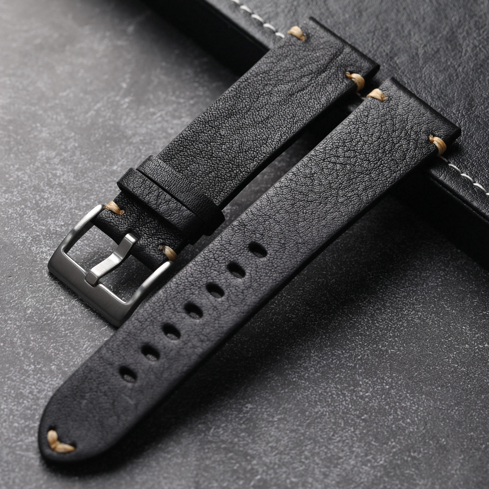 Handgefertigtes Kopf-Rindslederarmband, 18, 19, 20, 21, 22 mm, gealtertes Herren-Jahrgang-Armbinde aus italienischem Echtleder, weich: Kohle schwarz / 24mm