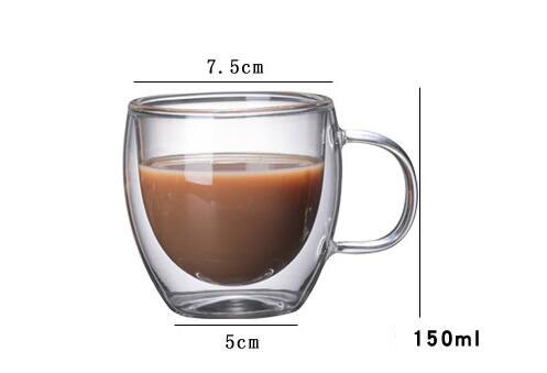 1 st dubbla kaffemuggar med handtaget muggar dricksisolering dubbelväggig glas tekopp drinkware mjölk: A 150ml