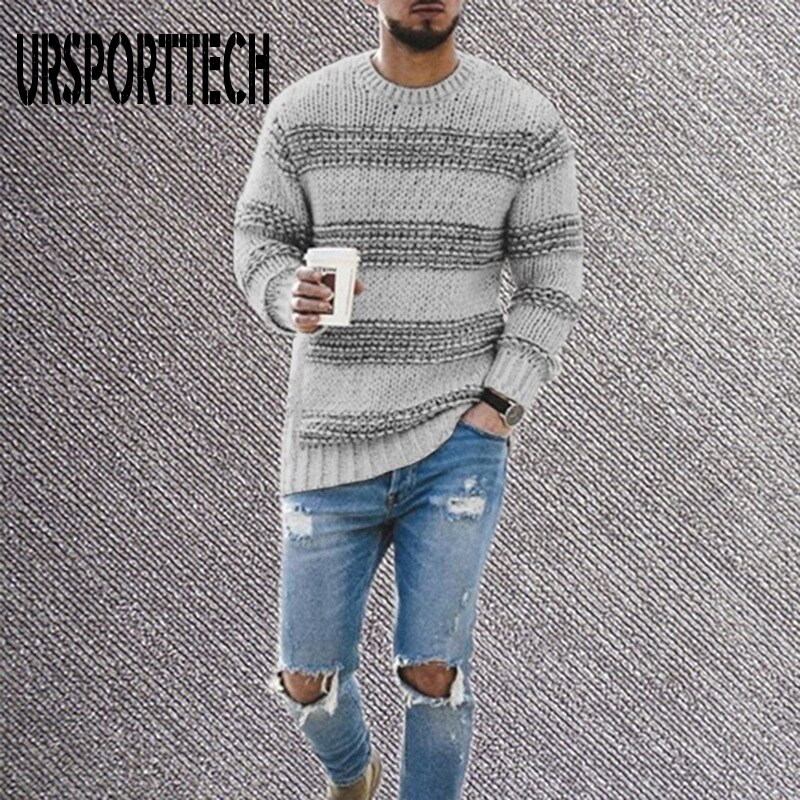 Mærke herresweater efterår vinter pullover uld slim fit striktrøje stribet herretøj afslappet patchwork pull homme