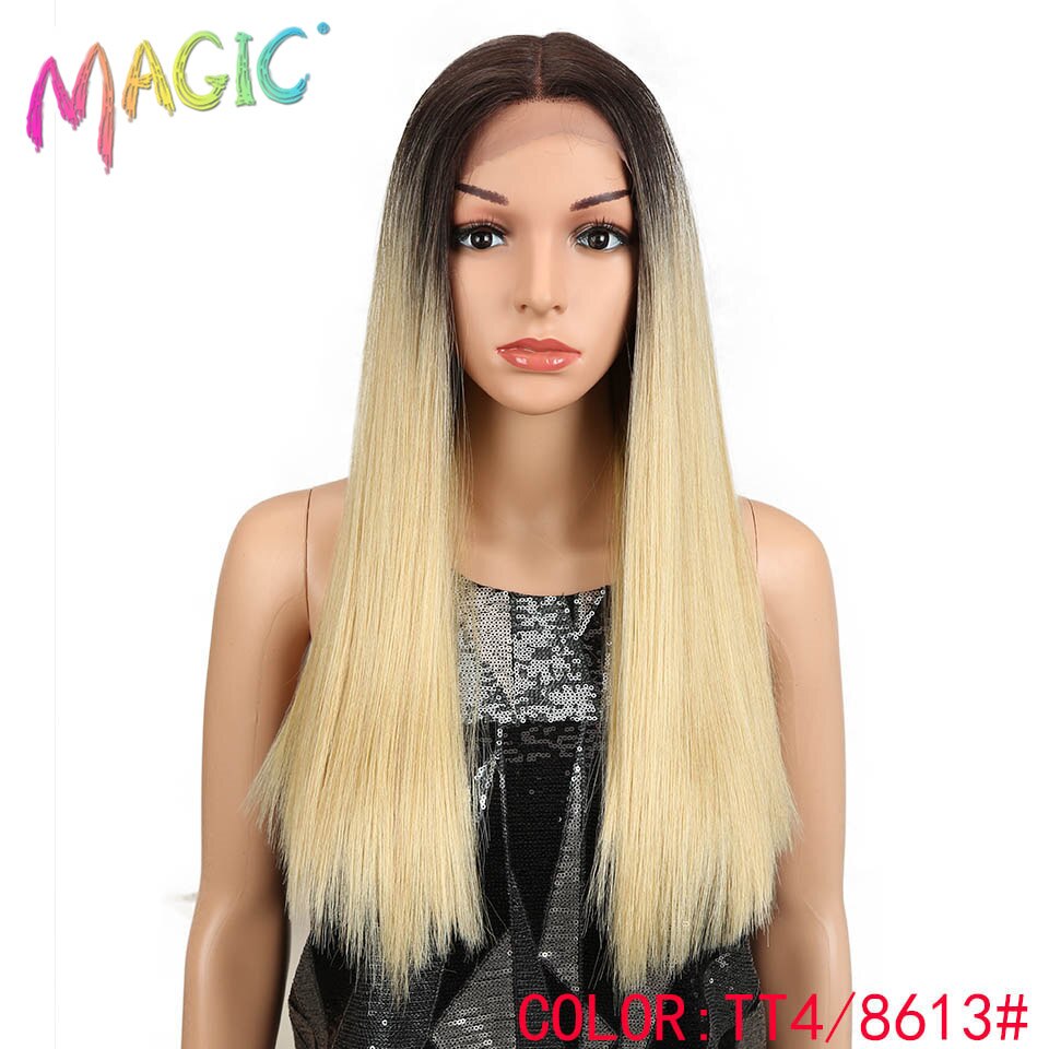 Cabelo mágico 20 "Polegada peruca dianteira do laço do cabelo reto sintético natural linha fina resistente ao calor parte do meio do cabelo da fibra para preto: TT4-8613