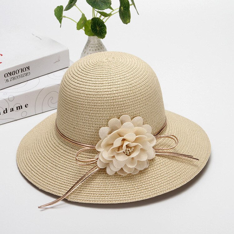 Trend kvinders floppy halm åndbar bred kant blomst sol hat sommer strand ferie udendørs parasol hætter: 2
